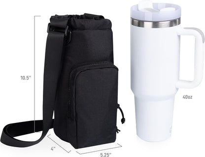 PICNIC TIME Eclipse Tumbler Tote with 40oz Stainless Travel Mug, Eco-Friendly Water Bottle Sling Bag, Crossbody Cup Holder with Phone Pocket & Strap, Recycled Fabric Drink Carrier & Tote (Gray)