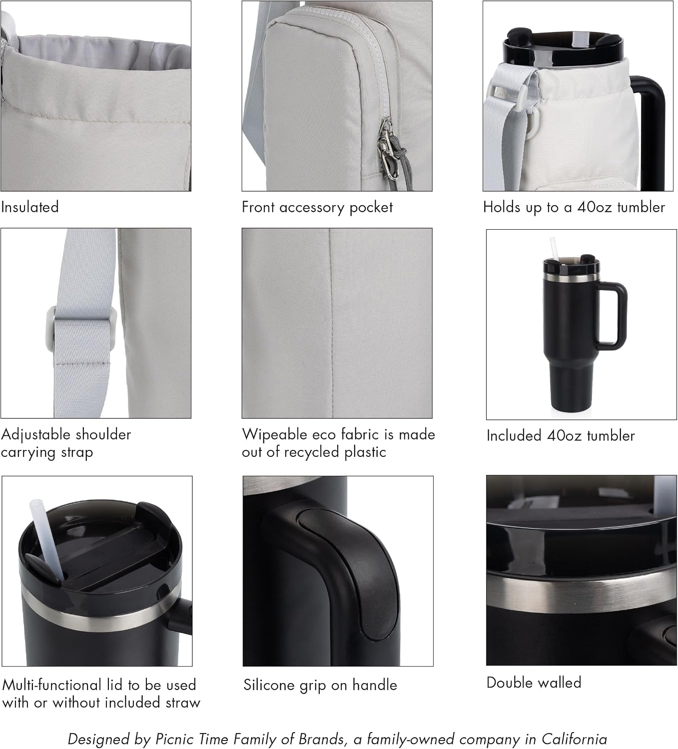 PICNIC TIME Eclipse Tumbler Tote with 40oz Stainless Travel Mug, Eco-Friendly Water Bottle Sling Bag, Crossbody Cup Holder with Phone Pocket & Strap, Recycled Fabric Drink Carrier & Tote (Gray)
