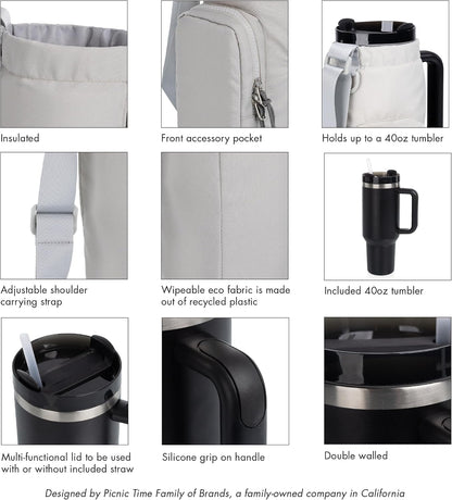 PICNIC TIME Eclipse Tumbler Tote with 40oz Stainless Travel Mug, Eco-Friendly Water Bottle Sling Bag, Crossbody Cup Holder with Phone Pocket & Strap, Recycled Fabric Drink Carrier & Tote (Gray)