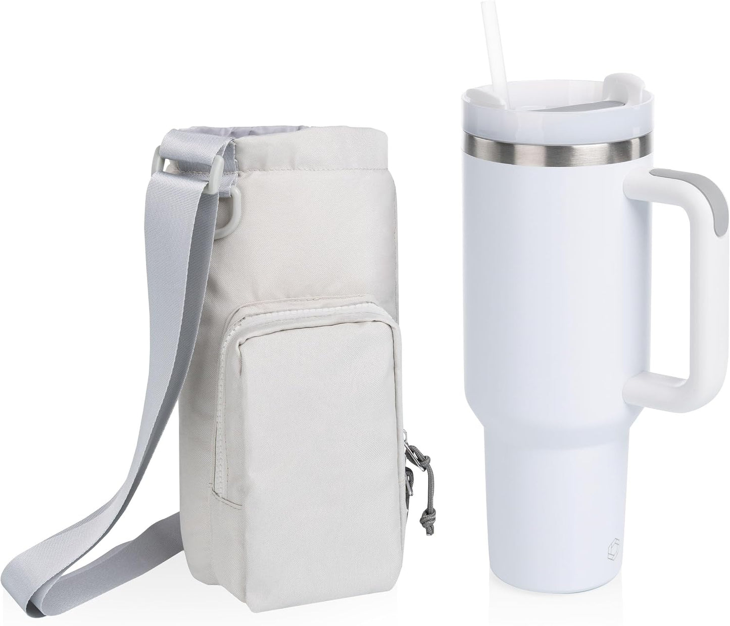PICNIC TIME Eclipse Tumbler Tote with 40oz Stainless Travel Mug, Eco-Friendly Water Bottle Sling Bag, Crossbody Cup Holder with Phone Pocket & Strap, Recycled Fabric Drink Carrier & Tote (Gray)