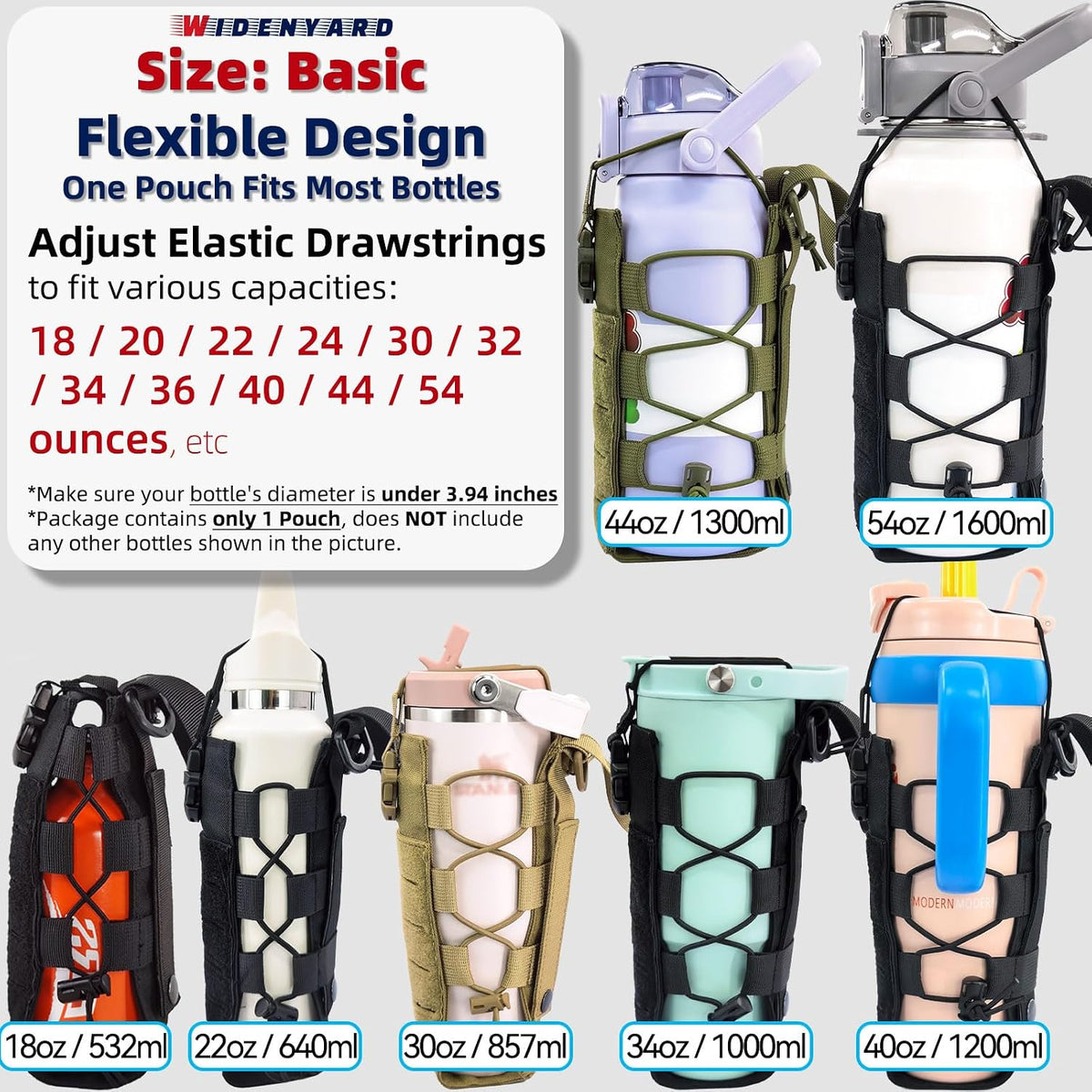 Molle Water Bottle Holder Pouch, 16-77oz Adjustable Capacity