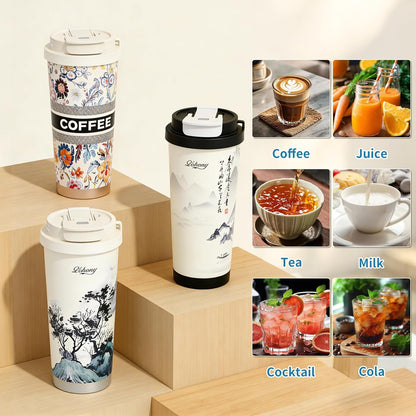 Stainless steel insulated Tumbler Portable leak-proof coffee mug 18oz sports water Bottle suitable for car cup holder BPA-free insulated water bottle for sports，school，travel，Grey landscape