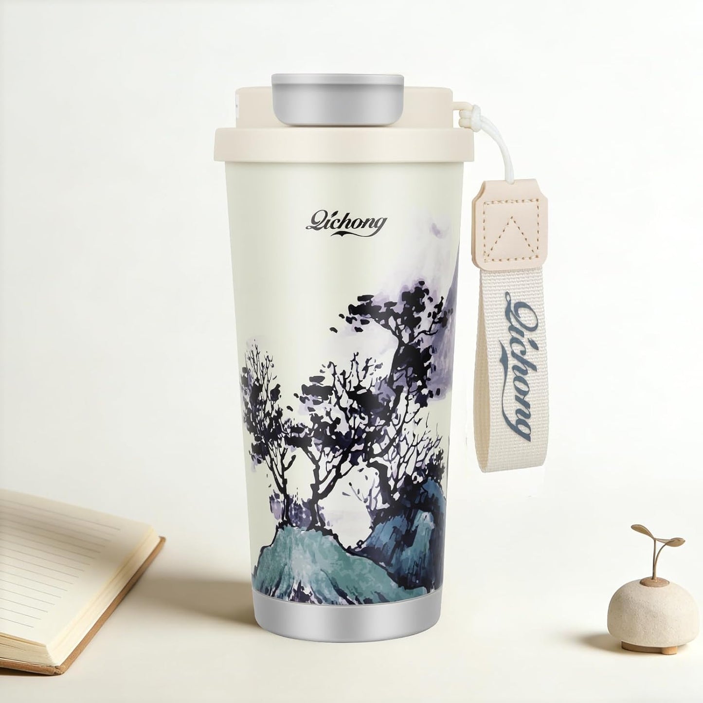 Stainless steel insulated Tumbler Portable leak-proof coffee mug 18oz sports water Bottle suitable for car cup holder BPA-free insulated water bottle for sports，school，travel，Grey landscape