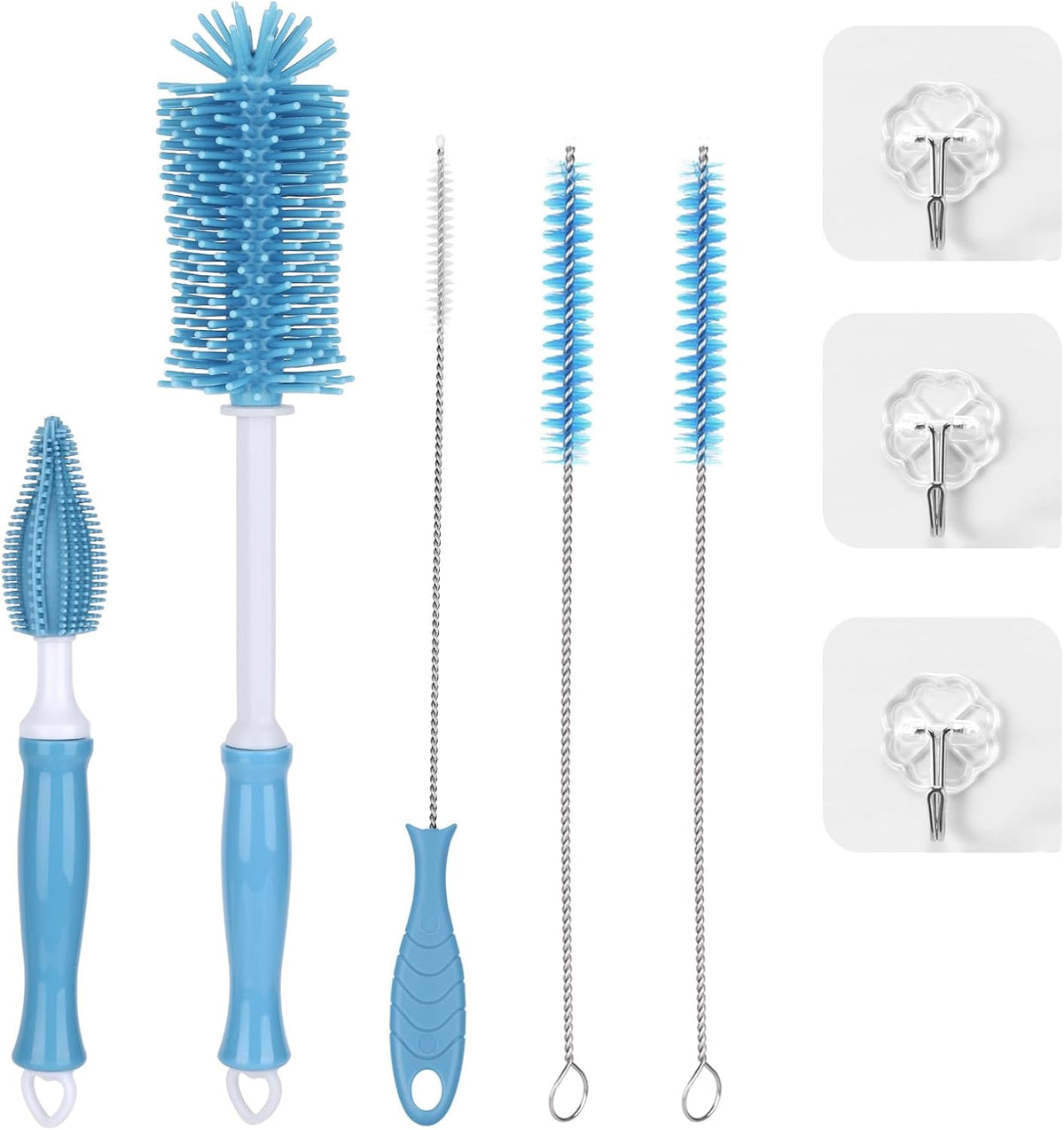 5-in-1 Silicone Bottle Brush Set, Baby Bottle Cleaning Brush with Straw Cleaner & Nipple Brush, BPA-Free Food-Grade Dishwasher Safe for Baby Bottles, Water Bottles, Sippy Cups, Sports Bottles