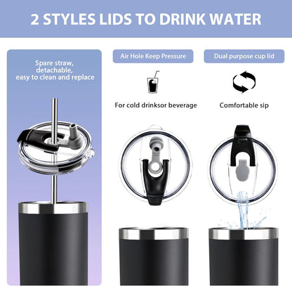 Triple-Insulated Tumblers - Stainless Steel with Lid and Straw, 20 oz Water Bottle, Stainless Steel Cups, Coffee Travel Mug for Home & Office Black
