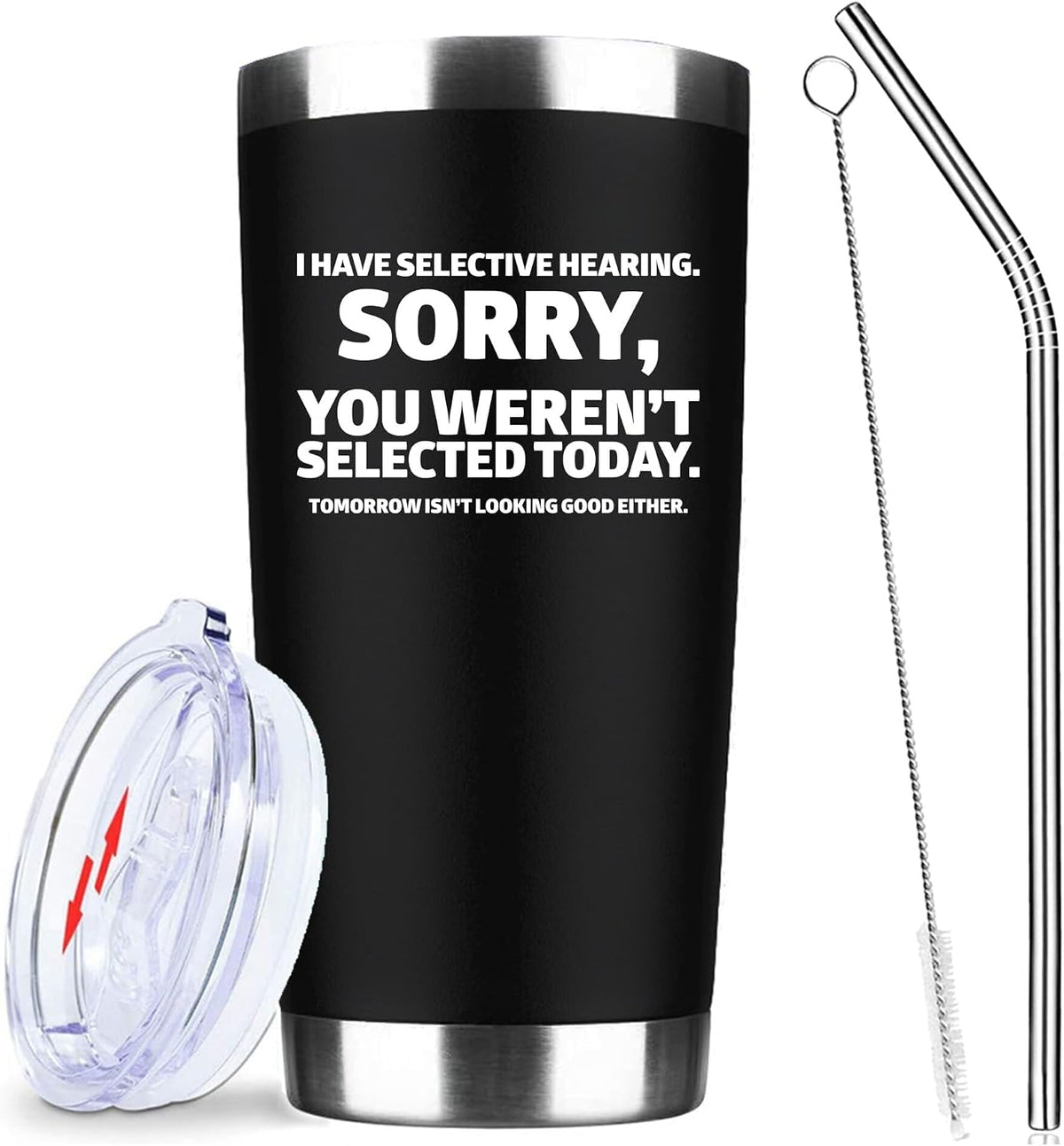 20oz Selective Hearing Sarcastic Black Stainless Steel Tumbler with Lid | Double Wall Insulated Mug, Funny Office Humor Quote Print Design, Novelty Coworker Gift for Men Women, Fits Birthday Xmas