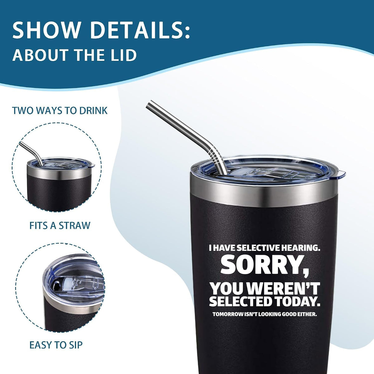 20oz Selective Hearing Sarcastic Black Stainless Steel Tumbler with Lid | Double Wall Insulated Mug, Funny Office Humor Quote Print Design, Novelty Coworker Gift for Men Women, Fits Birthday Xmas