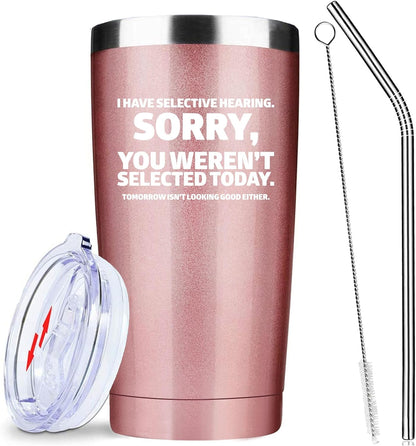 20oz Selective Hearing Sarcastic Black Stainless Steel Tumbler with Lid | Double Wall Insulated Mug, Funny Office Humor Quote Print Design, Novelty Coworker Gift for Men Women, Fits Birthday Xmas