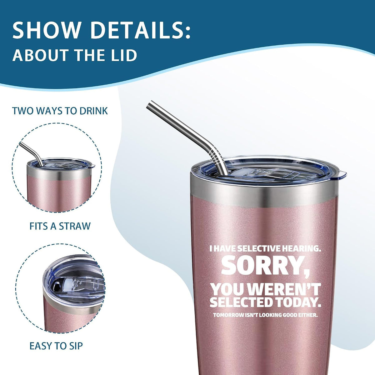 20oz Selective Hearing Sarcastic Black Stainless Steel Tumbler with Lid | Double Wall Insulated Mug, Funny Office Humor Quote Print Design, Novelty Coworker Gift for Men Women, Fits Birthday Xmas