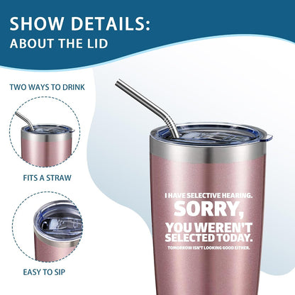 20oz Selective Hearing Sarcastic Black Stainless Steel Tumbler with Lid | Double Wall Insulated Mug, Funny Office Humor Quote Print Design, Novelty Coworker Gift for Men Women, Fits Birthday Xmas