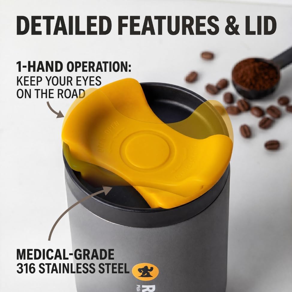 16 oz Travel Coffee Mug, 316 Stainless Steel Vacuum Insulated Tumbler with Leakproof One-Hand Lid, Fits Most Car Cup Holders, Reusable Commuter Cup for Hot and Cold Drinks, Gray