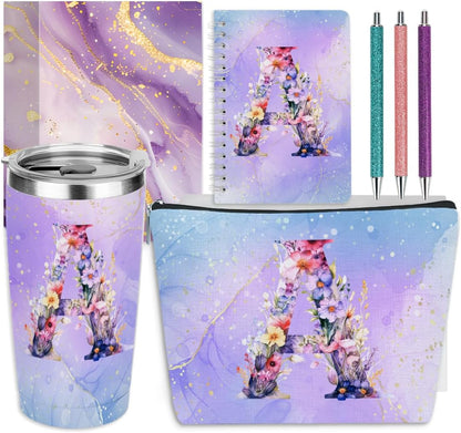 Personalized Gifts Monogrammed Birthday Gifts for Women, Cowerker Wife Sister Wedding Christmas Initial 20 oz Tumbler, Makeup Bag Cup Ballpoint Pens Journal Notebook 6 Set, (Aesthetic Green Flower C)