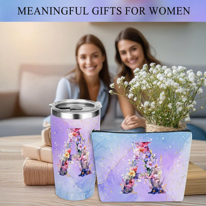 Personalized Gifts Monogrammed Birthday Gifts for Women, Cowerker Wife Sister Wedding Christmas Initial 20 oz Tumbler, Makeup Bag Cup Ballpoint Pens Journal Notebook 6 Set, (Aesthetic Green Flower C)