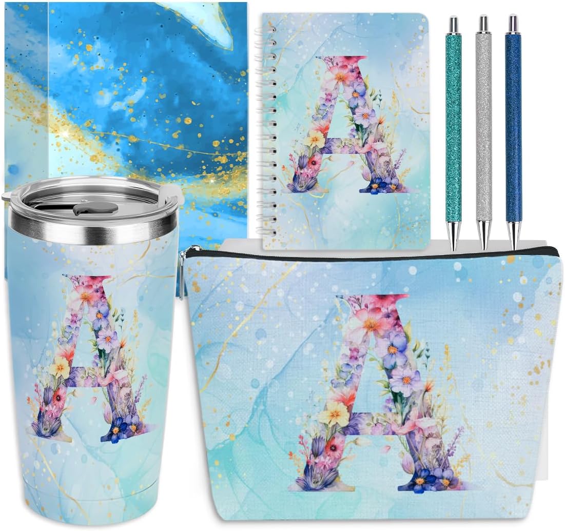 Personalized Gifts Monogrammed Birthday Gifts for Women, Cowerker Wife Sister Wedding Christmas Initial 20 oz Tumbler, Makeup Bag Cup Ballpoint Pens Journal Notebook 6 Set, (Aesthetic Green Flower C)