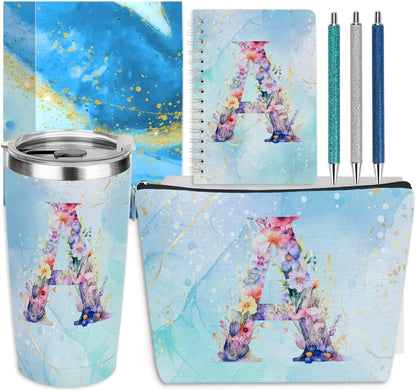 Personalized Gifts Monogrammed Birthday Gifts for Women, Cowerker Wife Sister Wedding Christmas Initial 20 oz Tumbler, Makeup Bag Cup Ballpoint Pens Journal Notebook 6 Set, (Aesthetic Green Flower C)