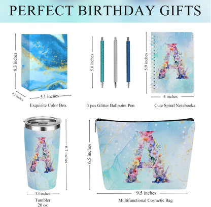Personalized Gifts Monogrammed Birthday Gifts for Women, Cowerker Wife Sister Wedding Christmas Initial 20 oz Tumbler, Makeup Bag Cup Ballpoint Pens Journal Notebook 6 Set, (Aesthetic Green Flower C)