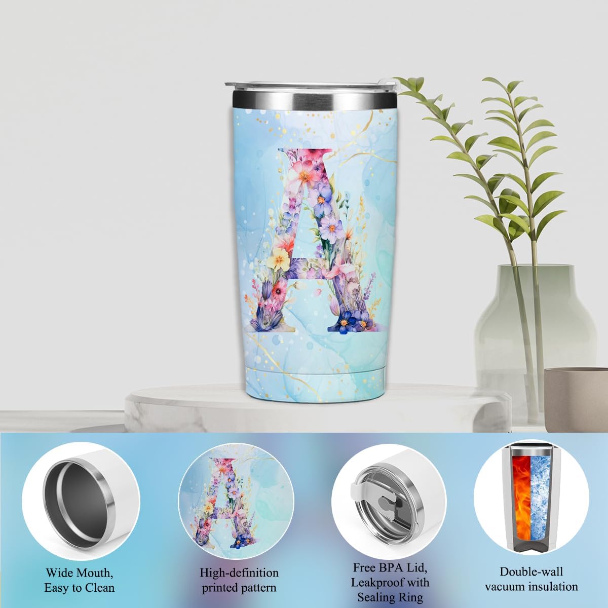Personalized Gifts Monogrammed Birthday Gifts for Women, Cowerker Wife Sister Wedding Christmas Initial 20 oz Tumbler, Makeup Bag Cup Ballpoint Pens Journal Notebook 6 Set, (Aesthetic Green Flower C)