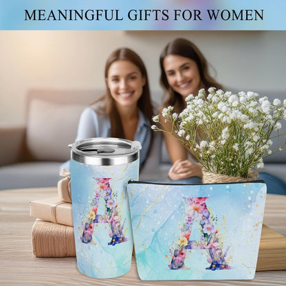 Personalized Gifts Monogrammed Birthday Gifts for Women, Cowerker Wife Sister Wedding Christmas Initial 20 oz Tumbler, Makeup Bag Cup Ballpoint Pens Journal Notebook 6 Set, (Aesthetic Green Flower C)
