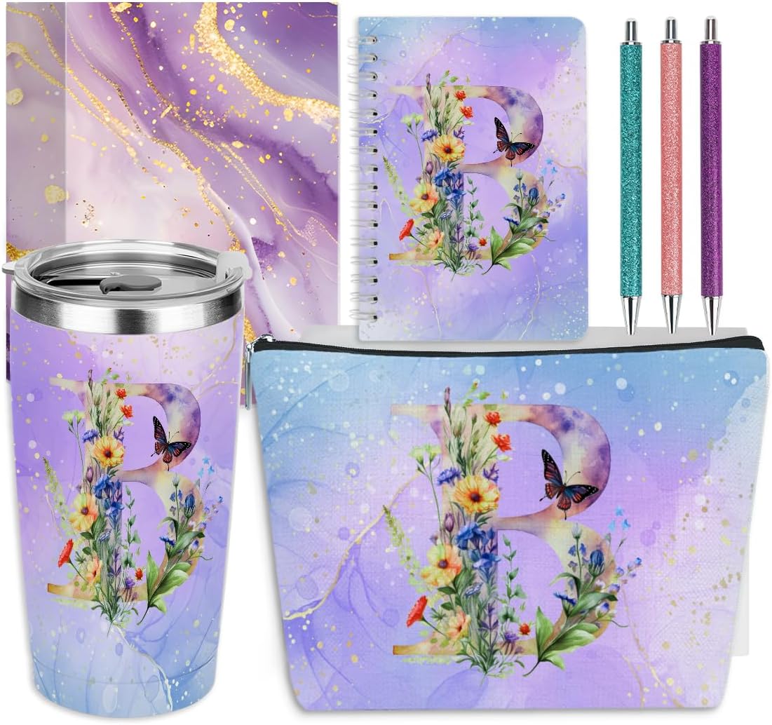 Personalized Gifts Monogrammed Birthday Gifts for Women, Cowerker Wife Sister Wedding Christmas Initial 20 oz Tumbler, Makeup Bag Cup Ballpoint Pens Journal Notebook 6 Set, (Aesthetic Green Flower C)