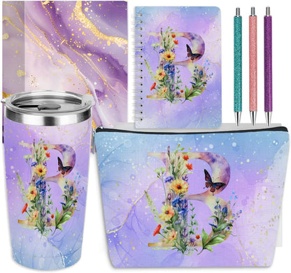 Personalized Gifts Monogrammed Birthday Gifts for Women, Cowerker Wife Sister Wedding Christmas Initial 20 oz Tumbler, Makeup Bag Cup Ballpoint Pens Journal Notebook 6 Set, (Aesthetic Green Flower C)