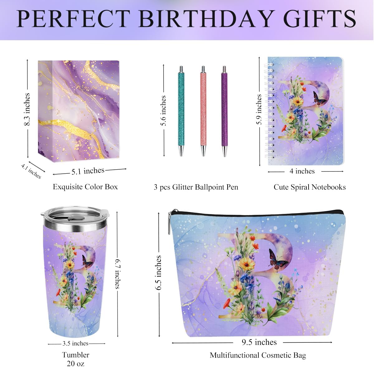Personalized Gifts Monogrammed Birthday Gifts for Women, Cowerker Wife Sister Wedding Christmas Initial 20 oz Tumbler, Makeup Bag Cup Ballpoint Pens Journal Notebook 6 Set, (Aesthetic Green Flower C)