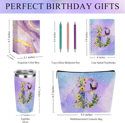 Personalized Gifts Monogrammed Birthday Gifts for Women, Cowerker Wife Sister Wedding Christmas Initial 20 oz Tumbler, Makeup Bag Cup Ballpoint Pens Journal Notebook 6 Set, (Aesthetic Green Flower C)