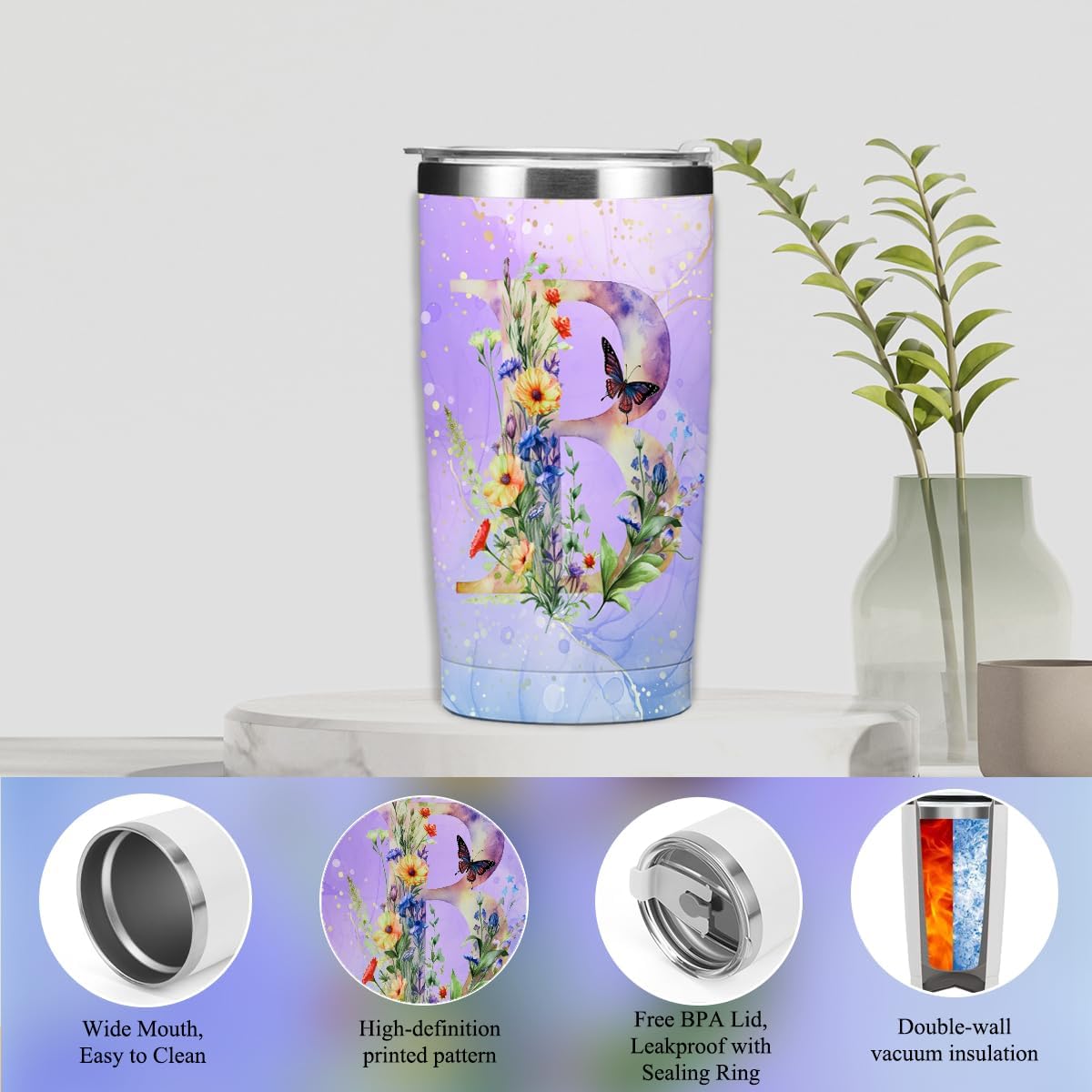 Personalized Gifts Monogrammed Birthday Gifts for Women, Cowerker Wife Sister Wedding Christmas Initial 20 oz Tumbler, Makeup Bag Cup Ballpoint Pens Journal Notebook 6 Set, (Aesthetic Green Flower C)