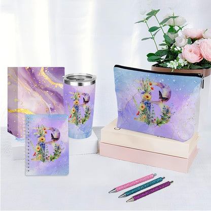 Personalized Gifts Monogrammed Birthday Gifts for Women, Cowerker Wife Sister Wedding Christmas Initial 20 oz Tumbler, Makeup Bag Cup Ballpoint Pens Journal Notebook 6 Set, (Aesthetic Green Flower C)