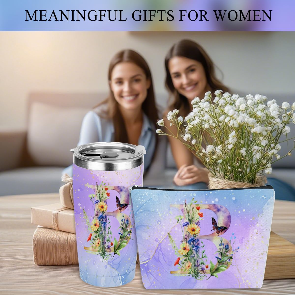 Personalized Gifts Monogrammed Birthday Gifts for Women, Cowerker Wife Sister Wedding Christmas Initial 20 oz Tumbler, Makeup Bag Cup Ballpoint Pens Journal Notebook 6 Set, (Aesthetic Green Flower C)