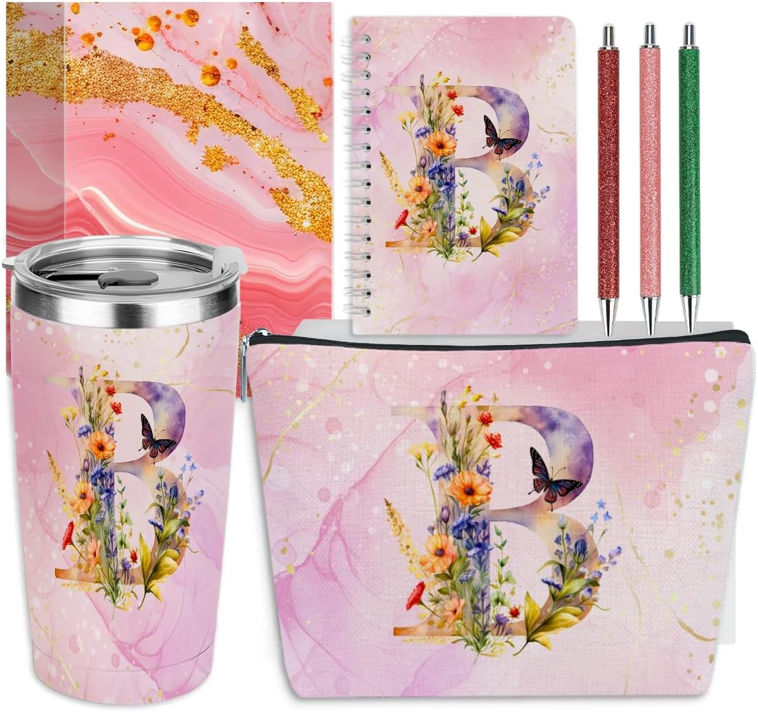 Personalized Gifts Monogrammed Birthday Gifts for Women, Cowerker Wife Sister Wedding Christmas Initial 20 oz Tumbler, Makeup Bag Cup Ballpoint Pens Journal Notebook 6 Set, (Aesthetic Green Flower C)