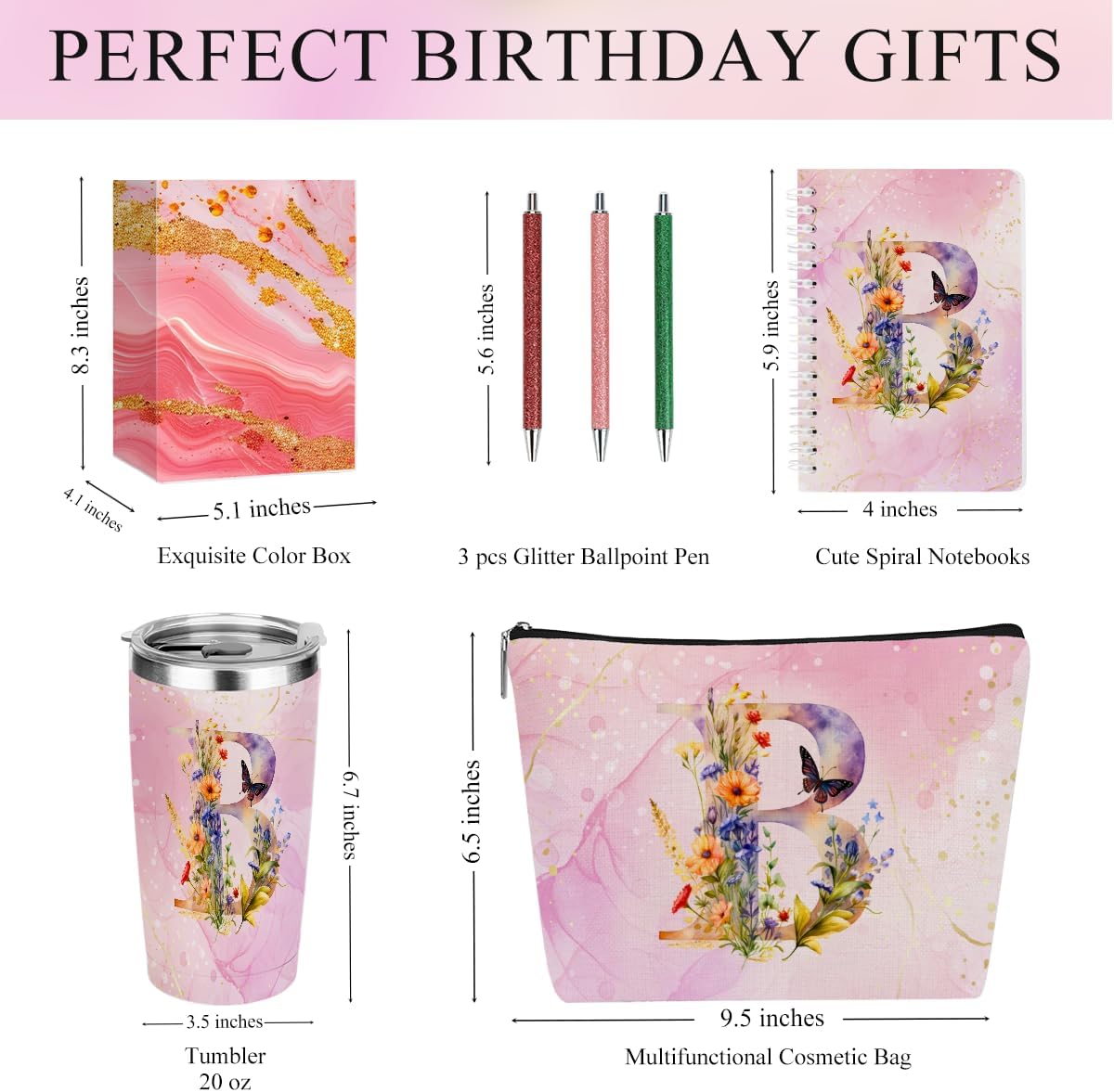 Personalized Gifts Monogrammed Birthday Gifts for Women, Cowerker Wife Sister Wedding Christmas Initial 20 oz Tumbler, Makeup Bag Cup Ballpoint Pens Journal Notebook 6 Set, (Aesthetic Green Flower C)