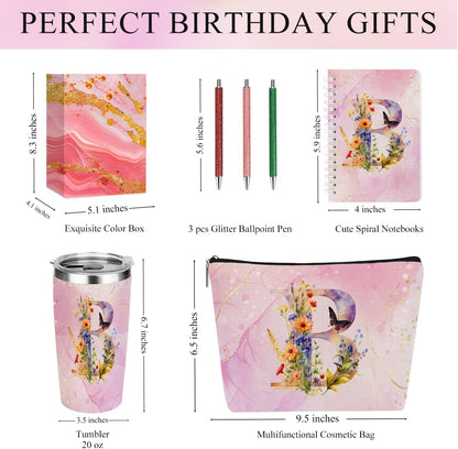 Personalized Gifts Monogrammed Birthday Gifts for Women, Cowerker Wife Sister Wedding Christmas Initial 20 oz Tumbler, Makeup Bag Cup Ballpoint Pens Journal Notebook 6 Set, (Aesthetic Green Flower C)