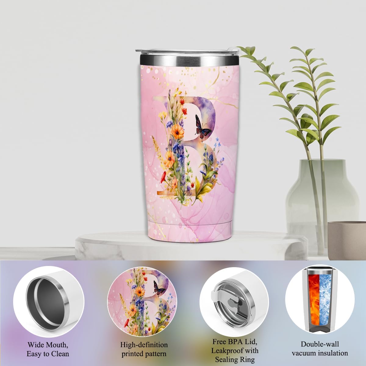 Personalized Gifts Monogrammed Birthday Gifts for Women, Cowerker Wife Sister Wedding Christmas Initial 20 oz Tumbler, Makeup Bag Cup Ballpoint Pens Journal Notebook 6 Set, (Aesthetic Green Flower C)