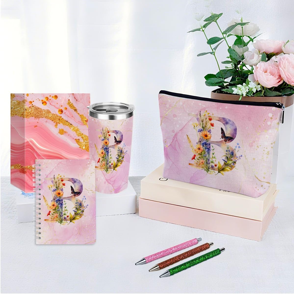 Personalized Gifts Monogrammed Birthday Gifts for Women, Cowerker Wife Sister Wedding Christmas Initial 20 oz Tumbler, Makeup Bag Cup Ballpoint Pens Journal Notebook 6 Set, (Aesthetic Green Flower C)