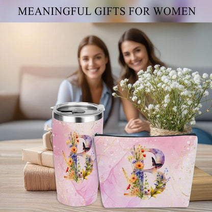 Personalized Gifts Monogrammed Birthday Gifts for Women, Cowerker Wife Sister Wedding Christmas Initial 20 oz Tumbler, Makeup Bag Cup Ballpoint Pens Journal Notebook 6 Set, (Aesthetic Green Flower C)