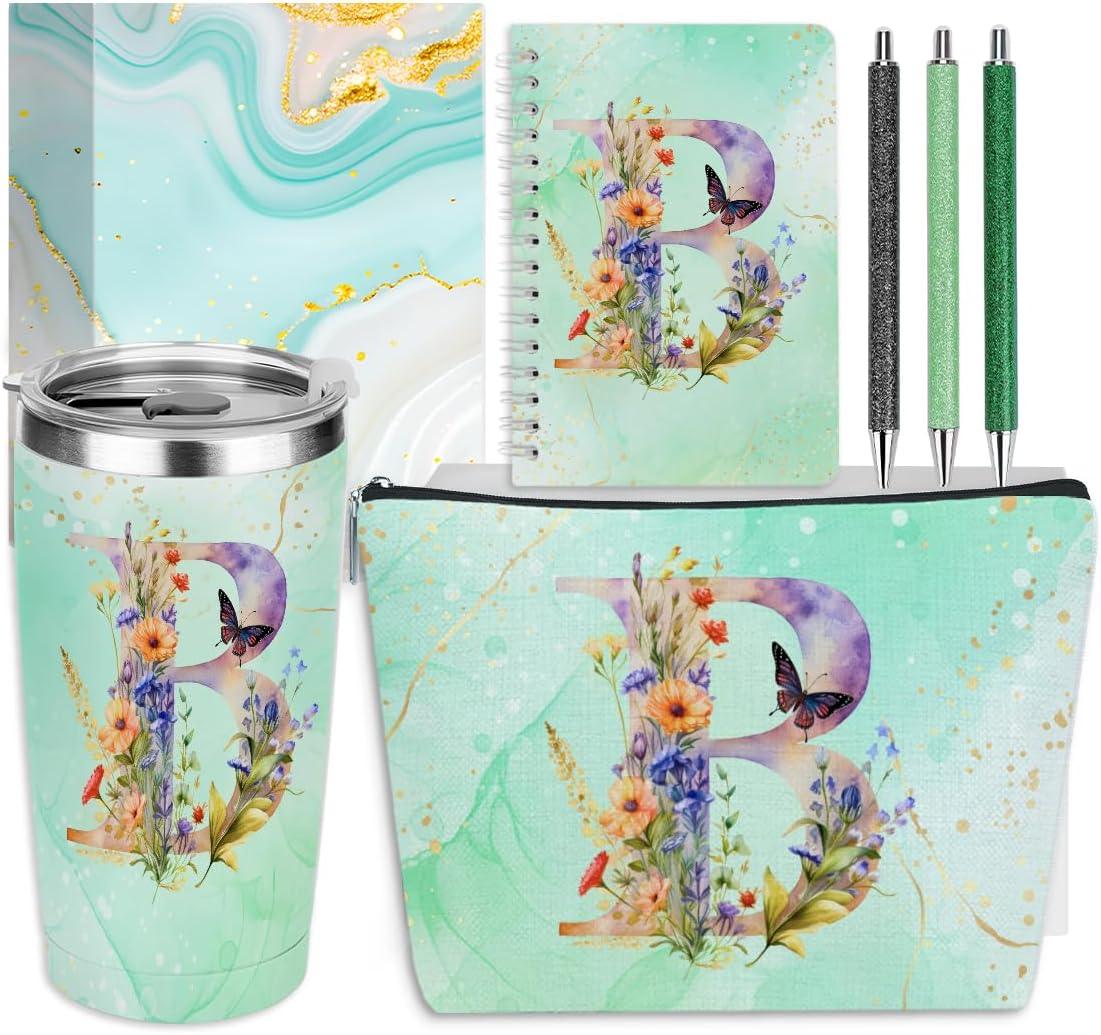 Personalized Gifts Monogrammed Birthday Gifts for Women, Cowerker Wife Sister Wedding Christmas Initial 20 oz Tumbler, Makeup Bag Cup Ballpoint Pens Journal Notebook 6 Set, (Aesthetic Green Flower C)