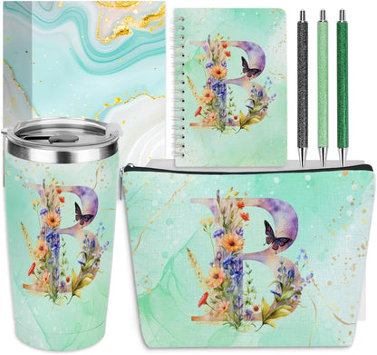 Personalized Gifts Monogrammed Birthday Gifts for Women, Cowerker Wife Sister Wedding Christmas Initial 20 oz Tumbler, Makeup Bag Cup Ballpoint Pens Journal Notebook 6 Set, (Aesthetic Green Flower C)