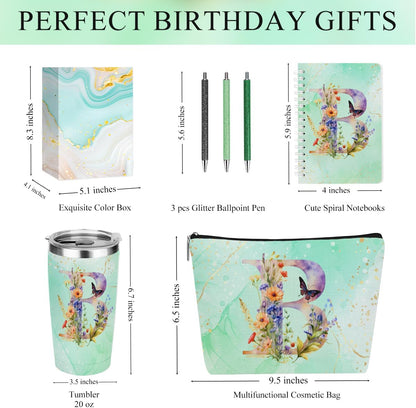 Personalized Gifts Monogrammed Birthday Gifts for Women, Cowerker Wife Sister Wedding Christmas Initial 20 oz Tumbler, Makeup Bag Cup Ballpoint Pens Journal Notebook 6 Set, (Aesthetic Green Flower C)