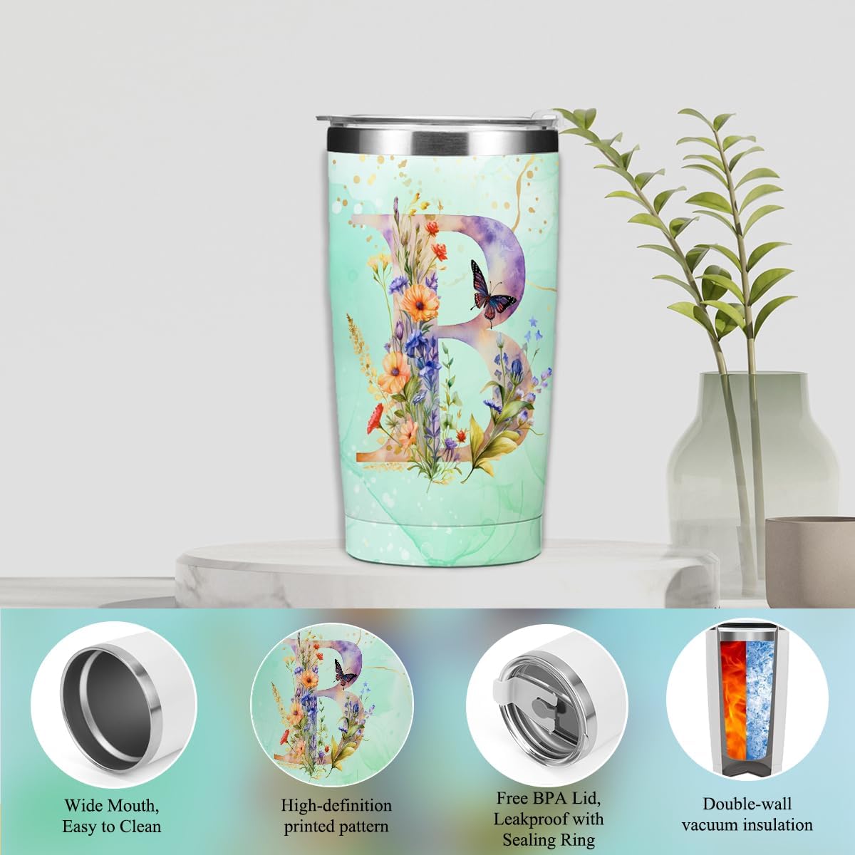 Personalized Gifts Monogrammed Birthday Gifts for Women, Cowerker Wife Sister Wedding Christmas Initial 20 oz Tumbler, Makeup Bag Cup Ballpoint Pens Journal Notebook 6 Set, (Aesthetic Green Flower C)