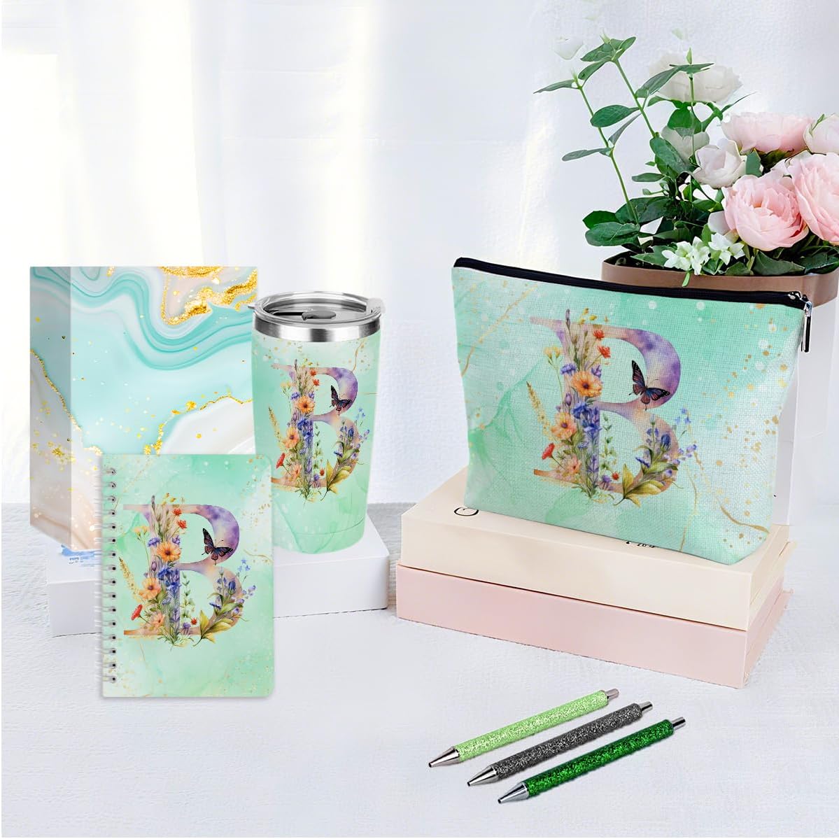 Personalized Gifts Monogrammed Birthday Gifts for Women, Cowerker Wife Sister Wedding Christmas Initial 20 oz Tumbler, Makeup Bag Cup Ballpoint Pens Journal Notebook 6 Set, (Aesthetic Green Flower C)
