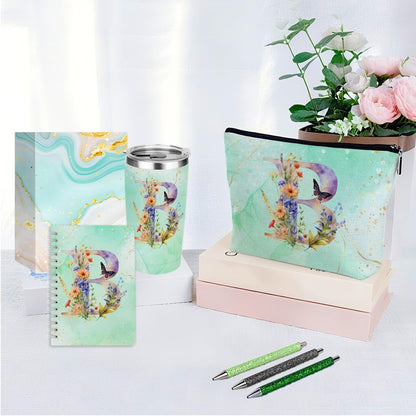 Personalized Gifts Monogrammed Birthday Gifts for Women, Cowerker Wife Sister Wedding Christmas Initial 20 oz Tumbler, Makeup Bag Cup Ballpoint Pens Journal Notebook 6 Set, (Aesthetic Green Flower C)