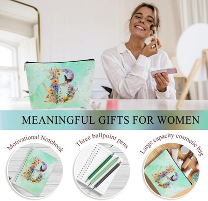 Personalized Gifts Monogrammed Birthday Gifts for Women, Cowerker Wife Sister Wedding Christmas Initial 20 oz Tumbler, Makeup Bag Cup Ballpoint Pens Journal Notebook 6 Set, (Aesthetic Green Flower C)