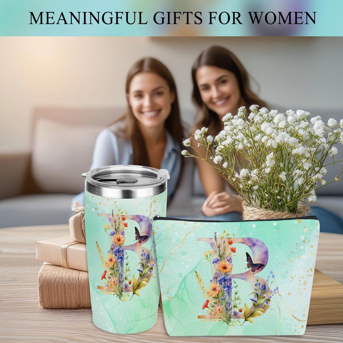 Personalized Gifts Monogrammed Birthday Gifts for Women, Cowerker Wife Sister Wedding Christmas Initial 20 oz Tumbler, Makeup Bag Cup Ballpoint Pens Journal Notebook 6 Set, (Aesthetic Green Flower C)