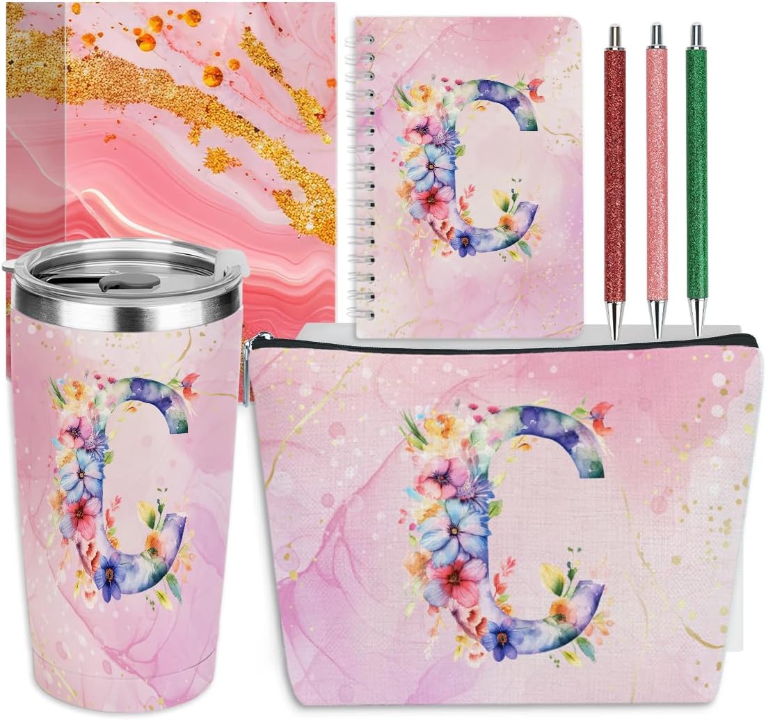 Personalized Gifts Monogrammed Birthday Gifts for Women, Cowerker Wife Sister Wedding Christmas Initial 20 oz Tumbler, Makeup Bag Cup Ballpoint Pens Journal Notebook 6 Set, (Aesthetic Green Flower C)