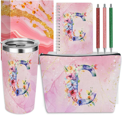 Personalized Gifts Monogrammed Birthday Gifts for Women, Cowerker Wife Sister Wedding Christmas Initial 20 oz Tumbler, Makeup Bag Cup Ballpoint Pens Journal Notebook 6 Set, (Aesthetic Green Flower C)