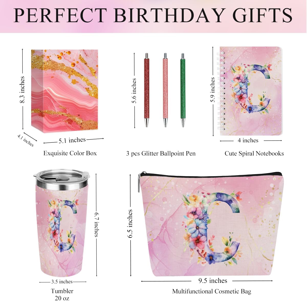 Personalized Gifts Monogrammed Birthday Gifts for Women, Cowerker Wife Sister Wedding Christmas Initial 20 oz Tumbler, Makeup Bag Cup Ballpoint Pens Journal Notebook 6 Set, (Aesthetic Green Flower C)