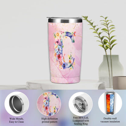 Personalized Gifts Monogrammed Birthday Gifts for Women, Cowerker Wife Sister Wedding Christmas Initial 20 oz Tumbler, Makeup Bag Cup Ballpoint Pens Journal Notebook 6 Set, (Aesthetic Green Flower C)