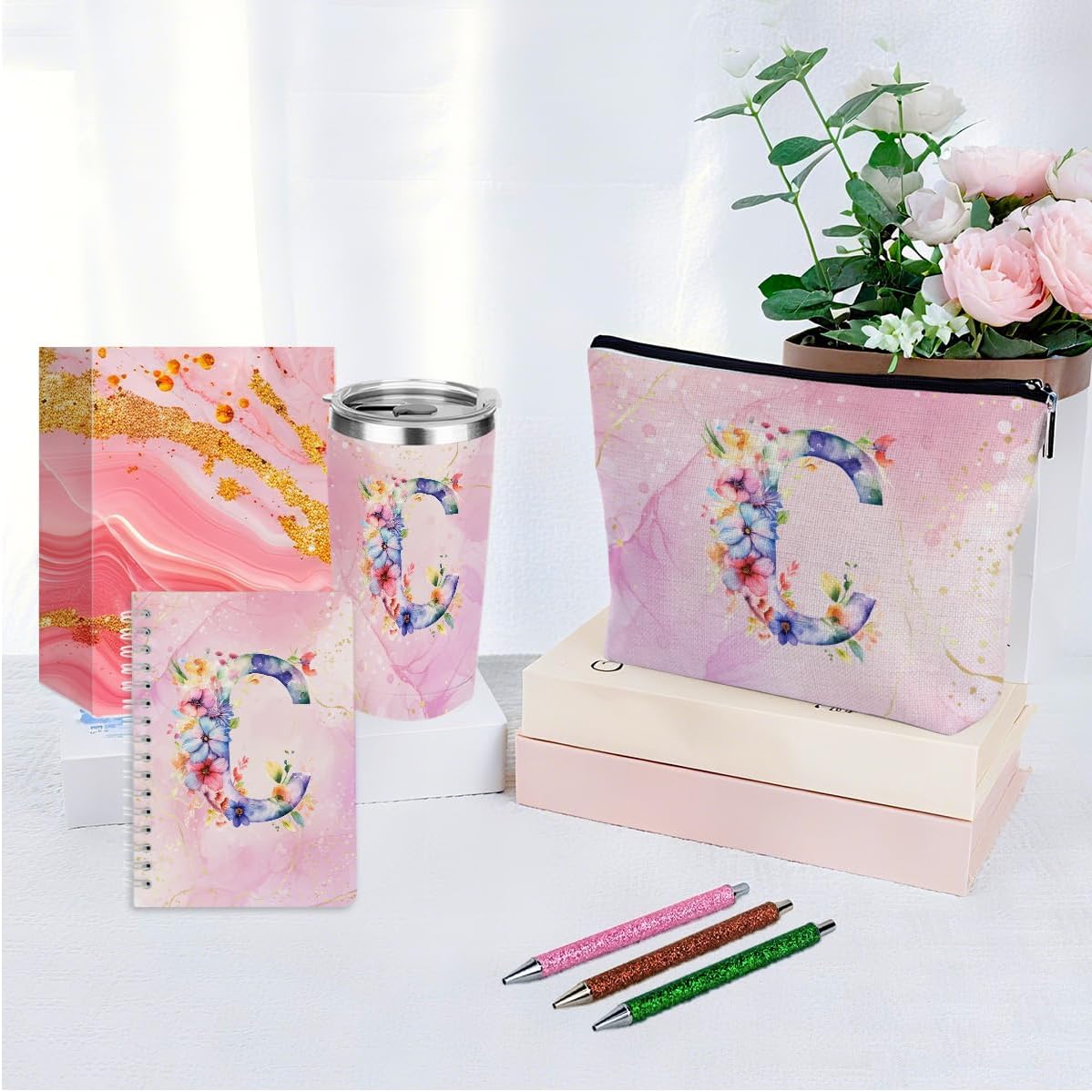 Personalized Gifts Monogrammed Birthday Gifts for Women, Cowerker Wife Sister Wedding Christmas Initial 20 oz Tumbler, Makeup Bag Cup Ballpoint Pens Journal Notebook 6 Set, (Aesthetic Green Flower C)
