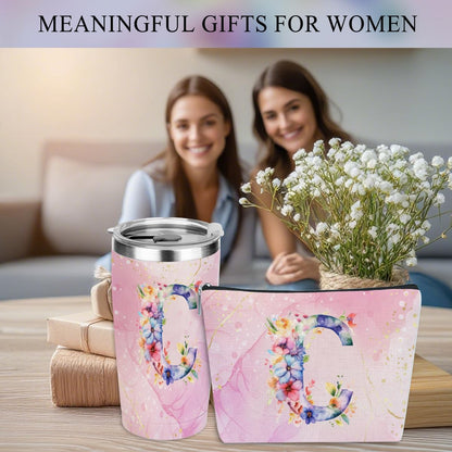 Personalized Gifts Monogrammed Birthday Gifts for Women, Cowerker Wife Sister Wedding Christmas Initial 20 oz Tumbler, Makeup Bag Cup Ballpoint Pens Journal Notebook 6 Set, (Aesthetic Green Flower C)