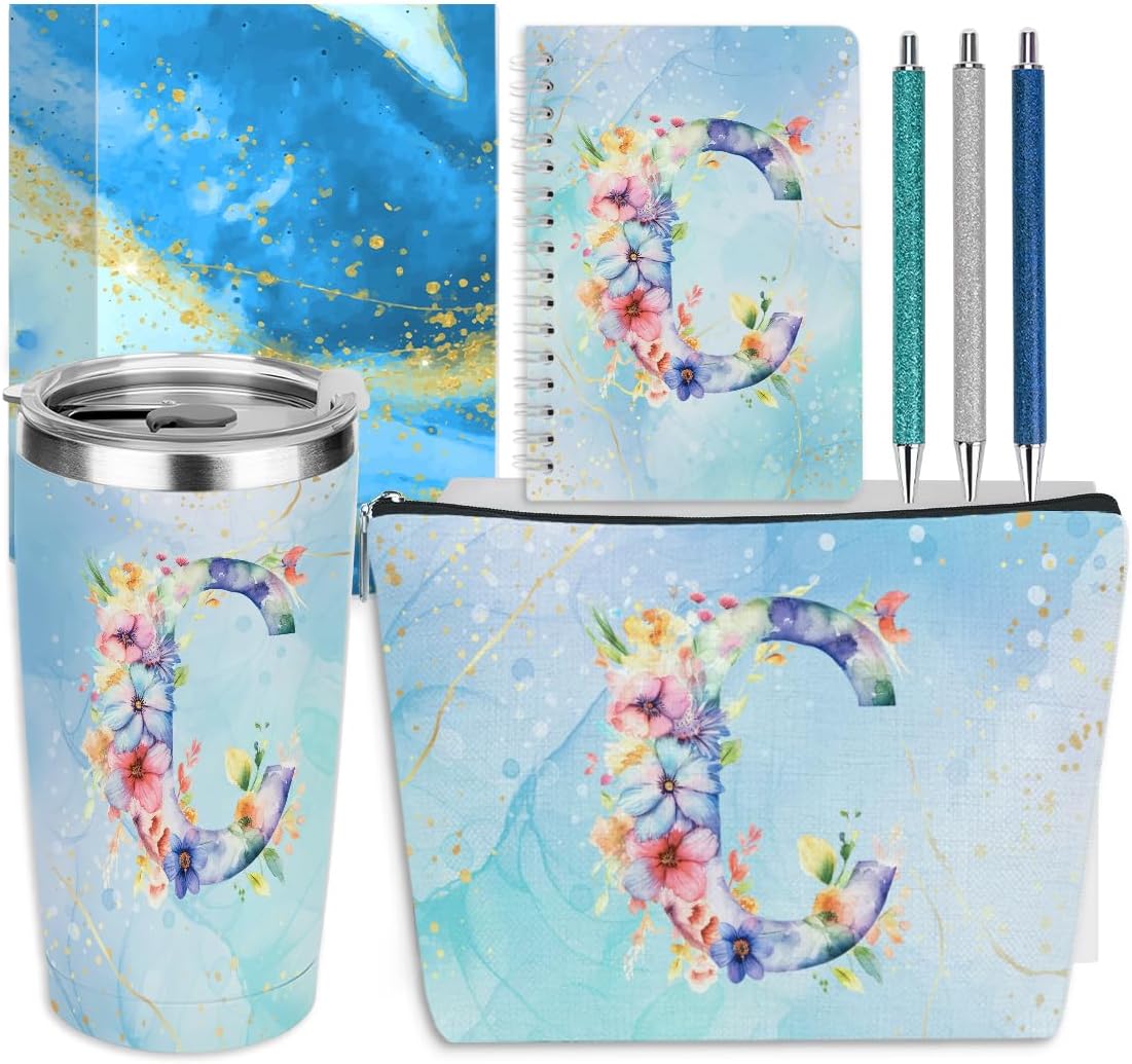 Personalized Gifts Monogrammed Birthday Gifts for Women, Cowerker Wife Sister Wedding Christmas Initial 20 oz Tumbler, Makeup Bag Cup Ballpoint Pens Journal Notebook 6 Set, (Aesthetic Green Flower C)